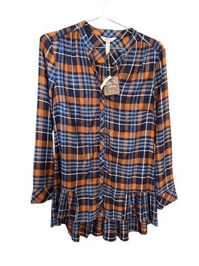Matilda Jane Orange, Navy and Light Blue Plaid Button-Front Top